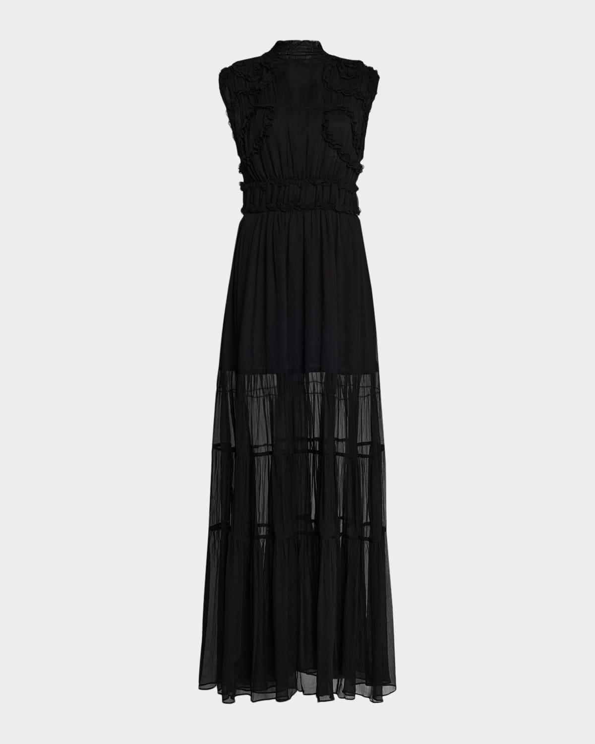 Ulla Johnson Verona Smocked Silk Turtleneck Gown In Black