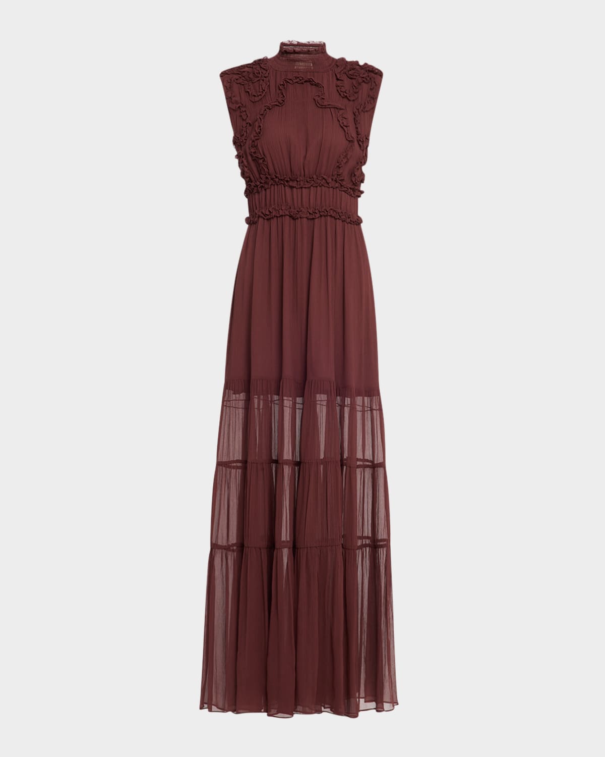 Ulla Johnson Verona Ruffled Smocked Silk-crepon Gown In Brown