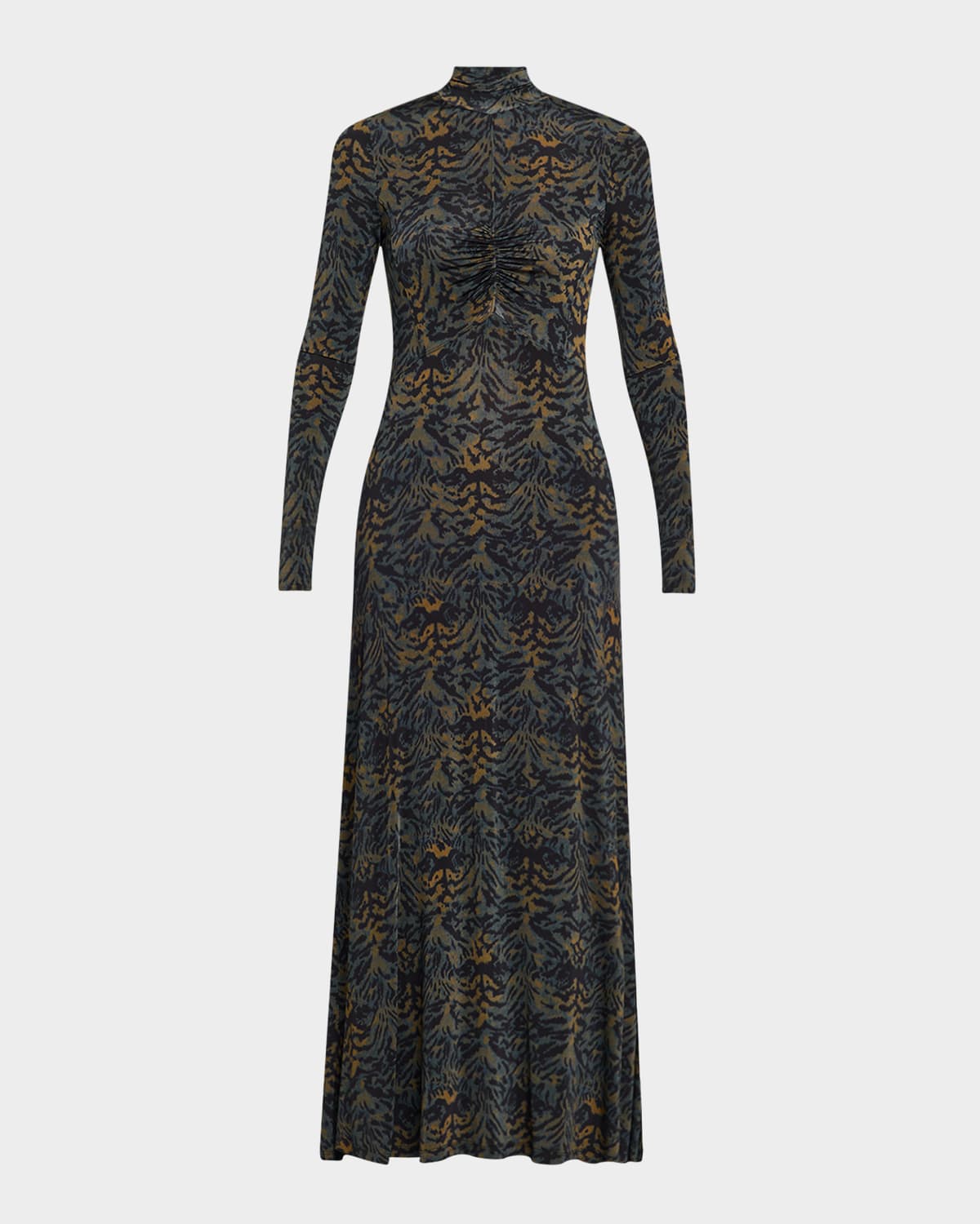 Ulla Johnson Koa Ruched Printed Stretch-jersey Turtleneck Maxi Dress In Brown