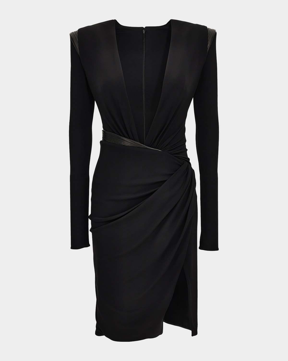 Versace Ruched Deep V-neck Mini Dress In Black