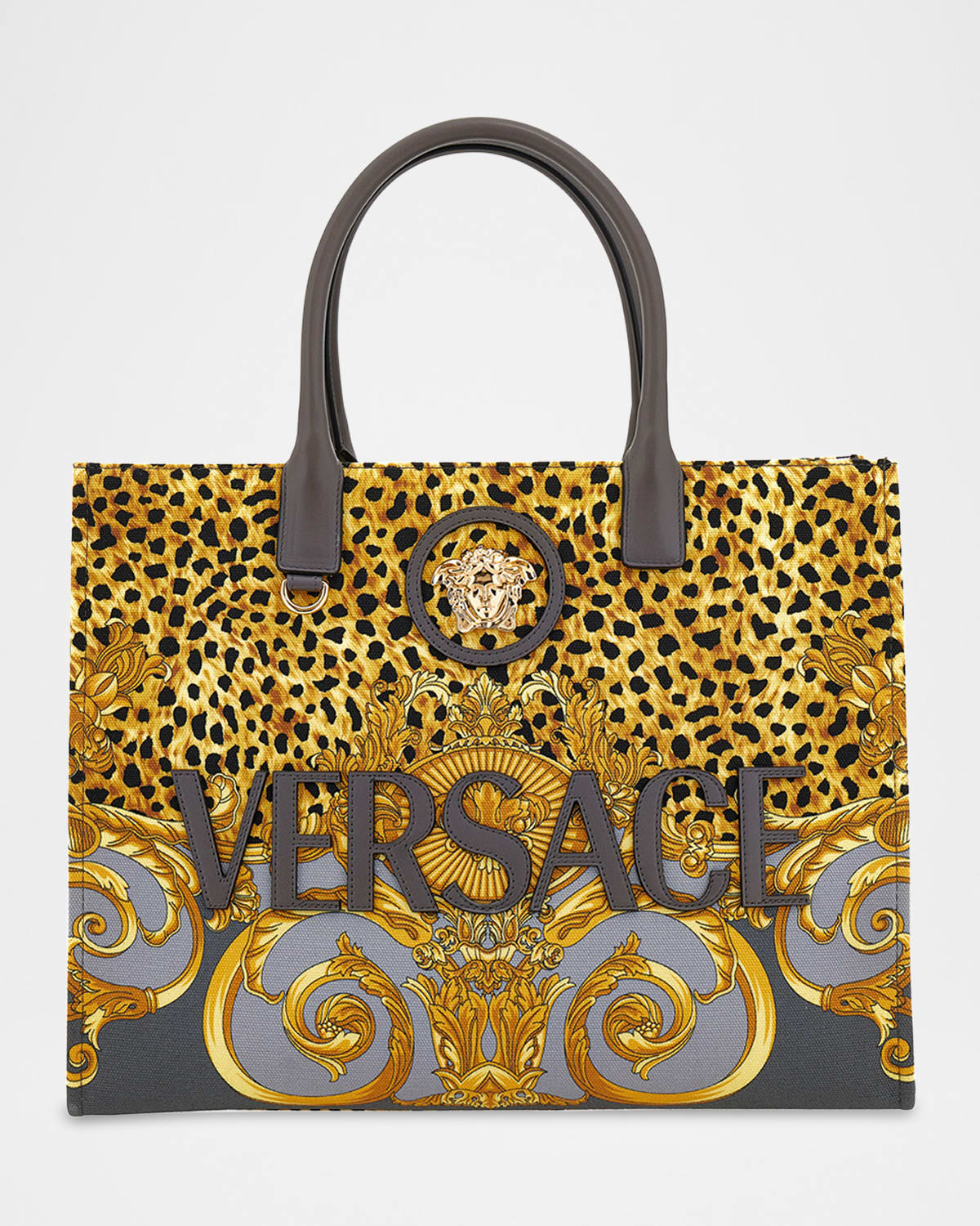 Versace Medusa Mixed-print Canvas Tote Bag In Gray
