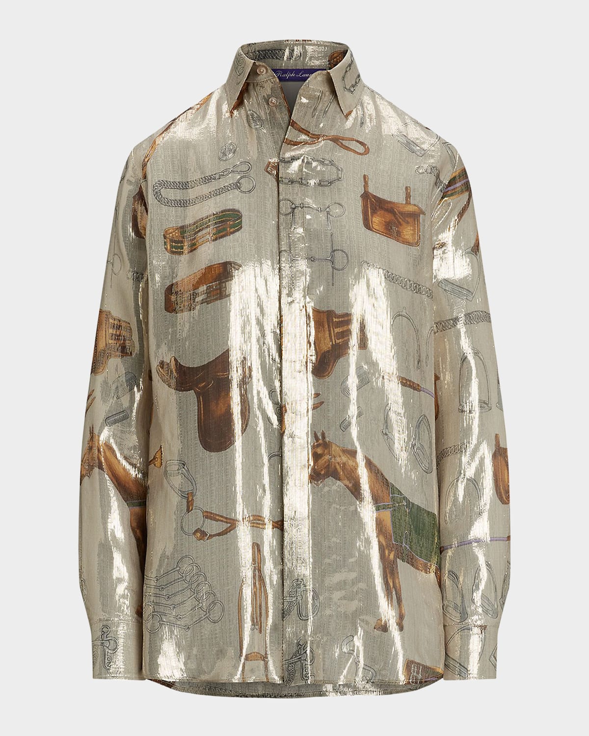 Ralph Lauren Evelina Equestrian Metallic Silk Shirt In Gray