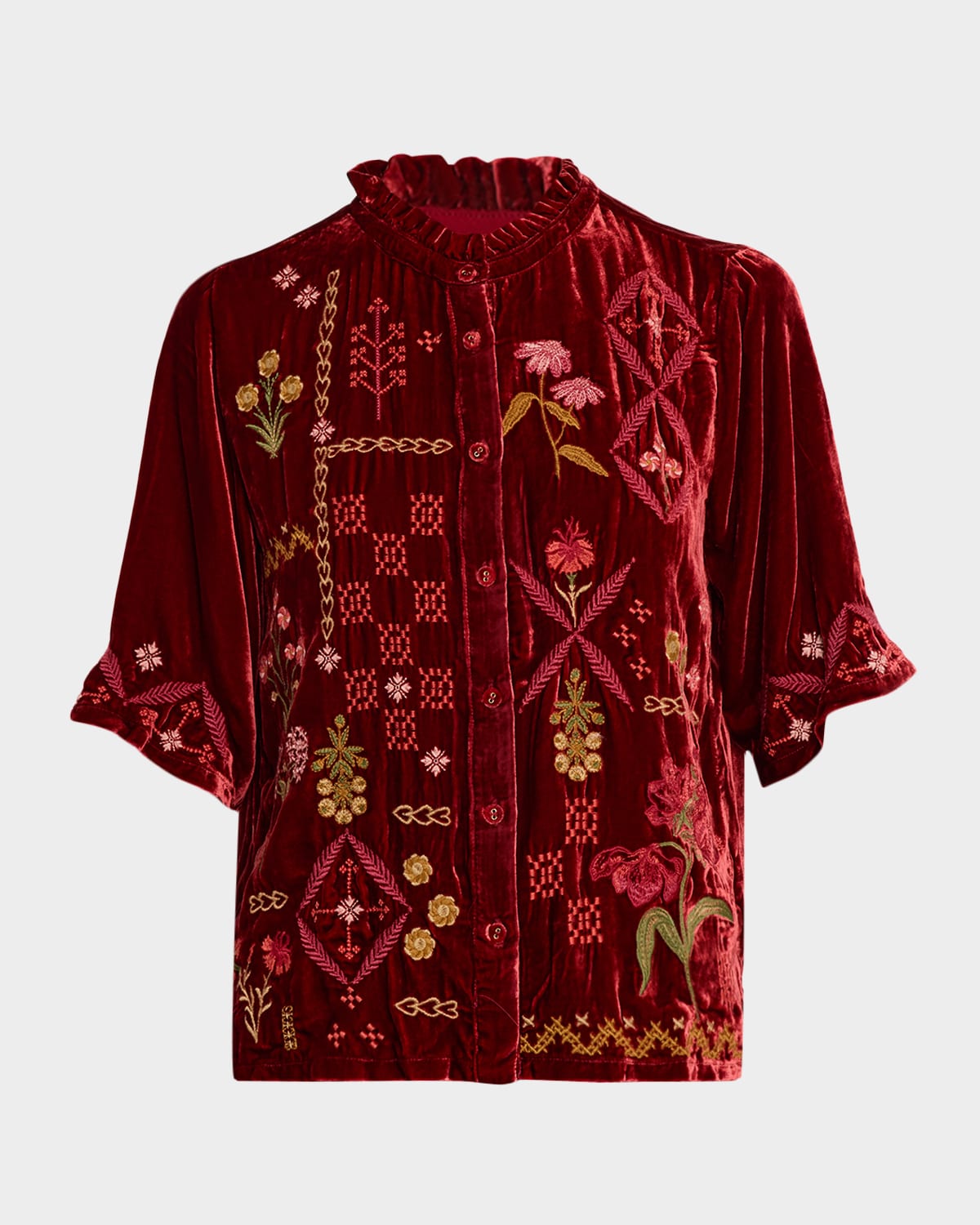 Johnny Was Floral-embroidered Velvet Shirt In Red