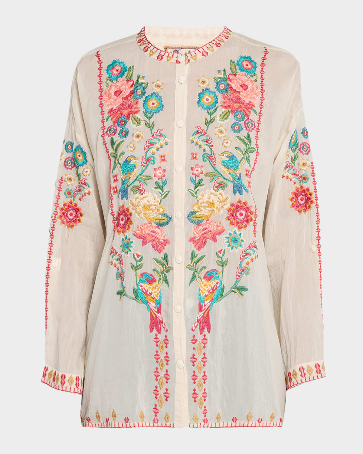 Johnny Was Audrey Embroidered Mandarin-collar Shirt In Neutral
