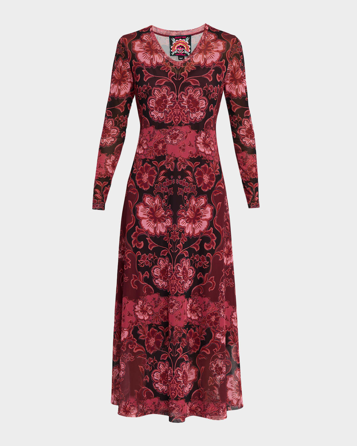 Johnny Was Floral-print Mesh Midi Dress In Red