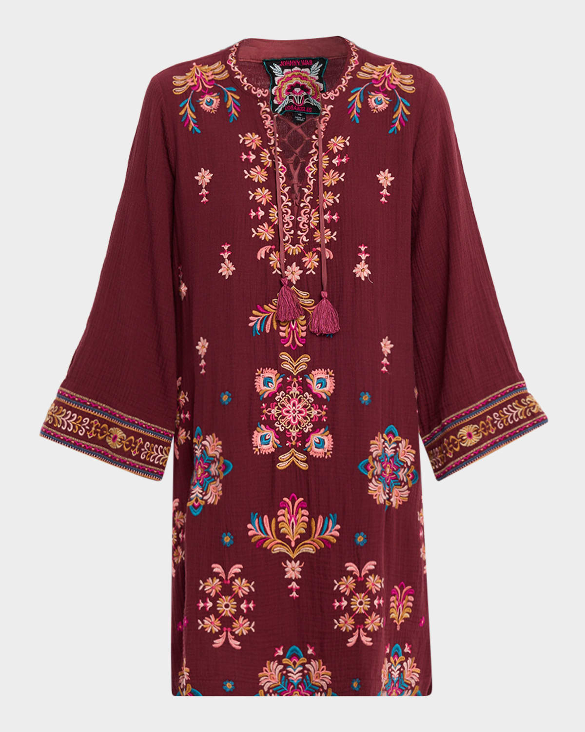 Johnny Was Embroidered Lace-up Cotton Gauze Dress In Brown