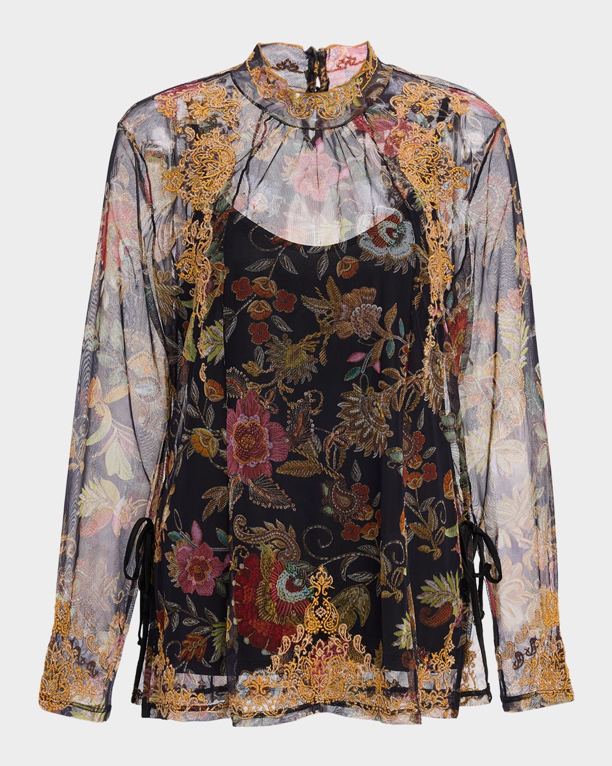 Johnny Was Francisca Embroidered Floral-Print Mesh Blouse