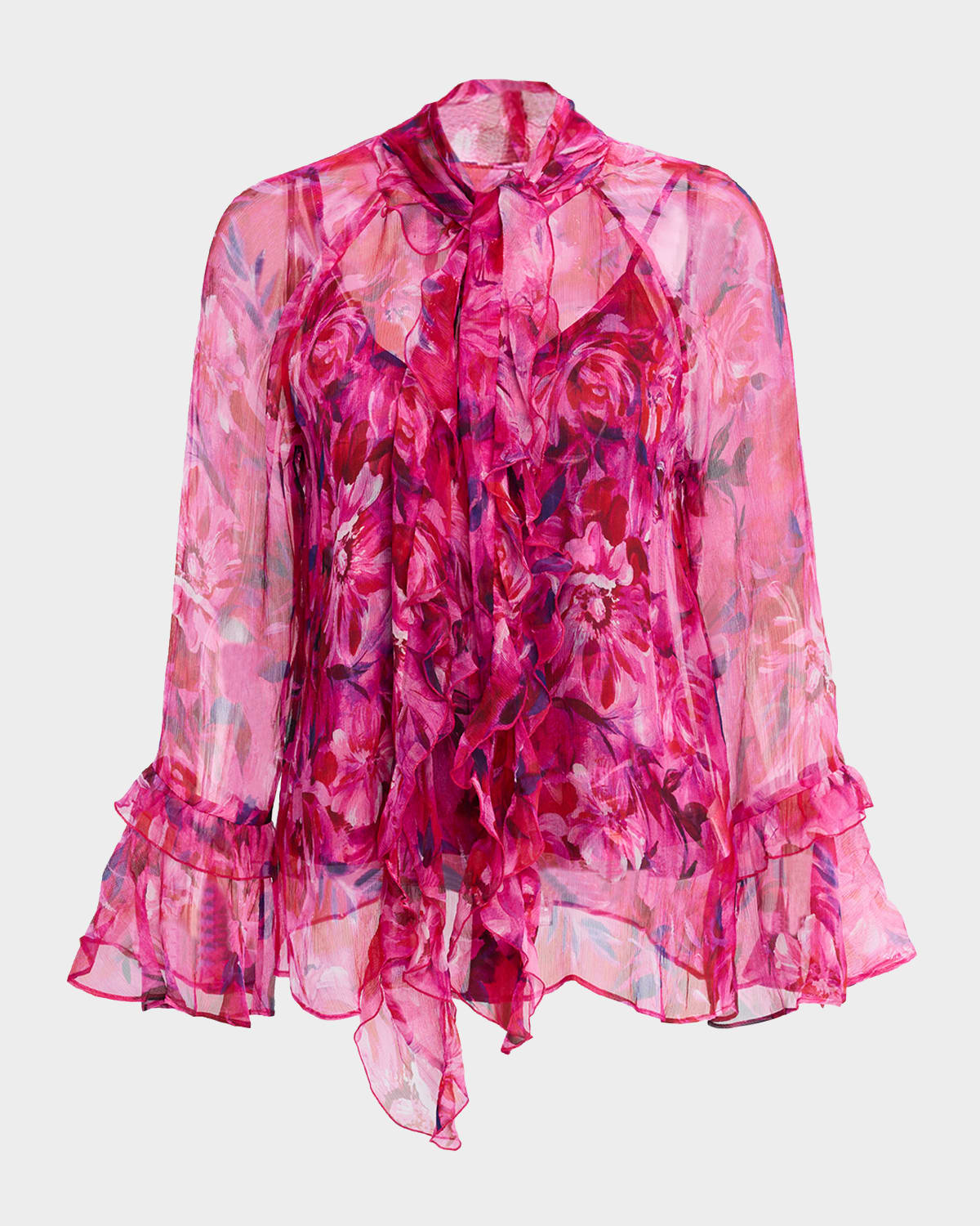 Johnny Was Emerie Tie-neck Silk Chiffon Blouse In Pink