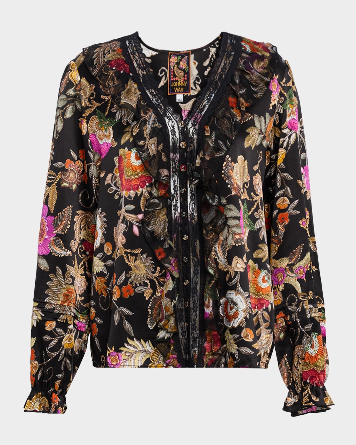Johnny Was Claudia Ruffle Floral-print Silk Blouse In Multi