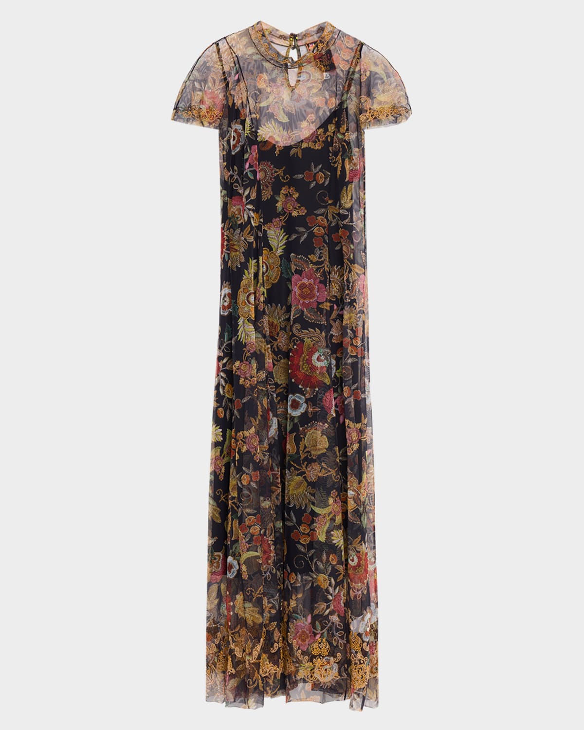 Johnny Was Kaimarie Embroidered Floral-print Mesh Maxi Dress In Brown