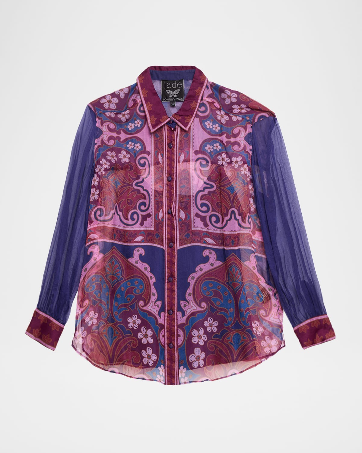 Johnny Was Itzel Floral-print Silk Chiffon Shirt In Blue