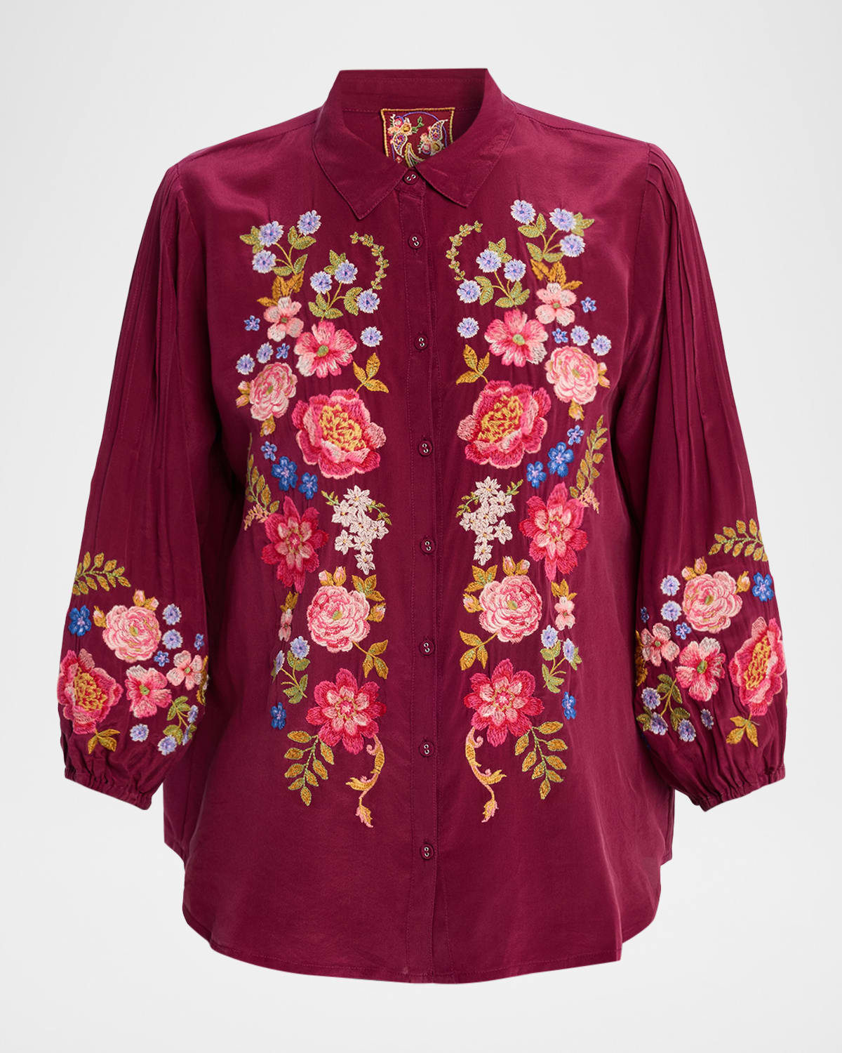 Johnny Was Seren Floral-embroidered Silk Shirt In Pink