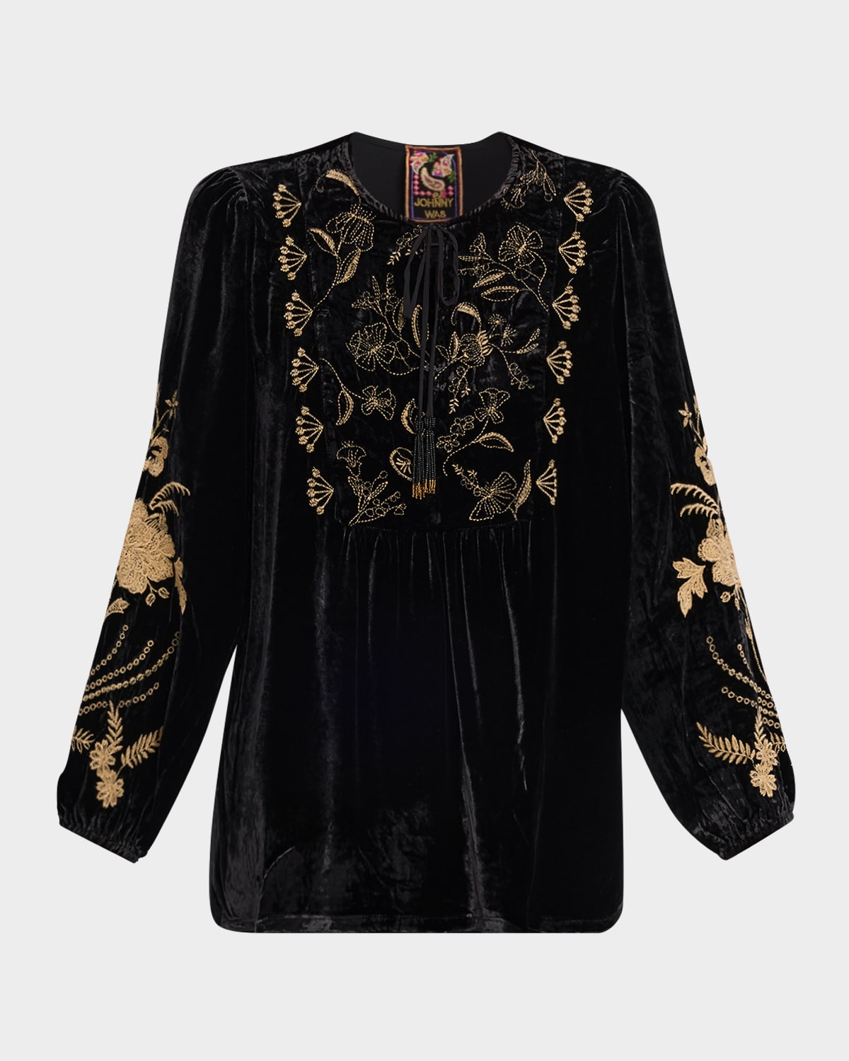 Johnny Was Floral-embroidered Velvet Prairie Blouse In Black
