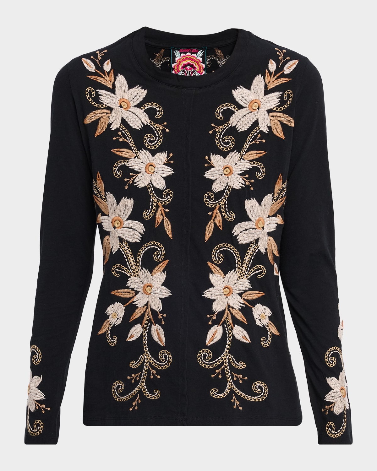 Johnny Was Floral-embroidered Cotton Knit Tee In Black