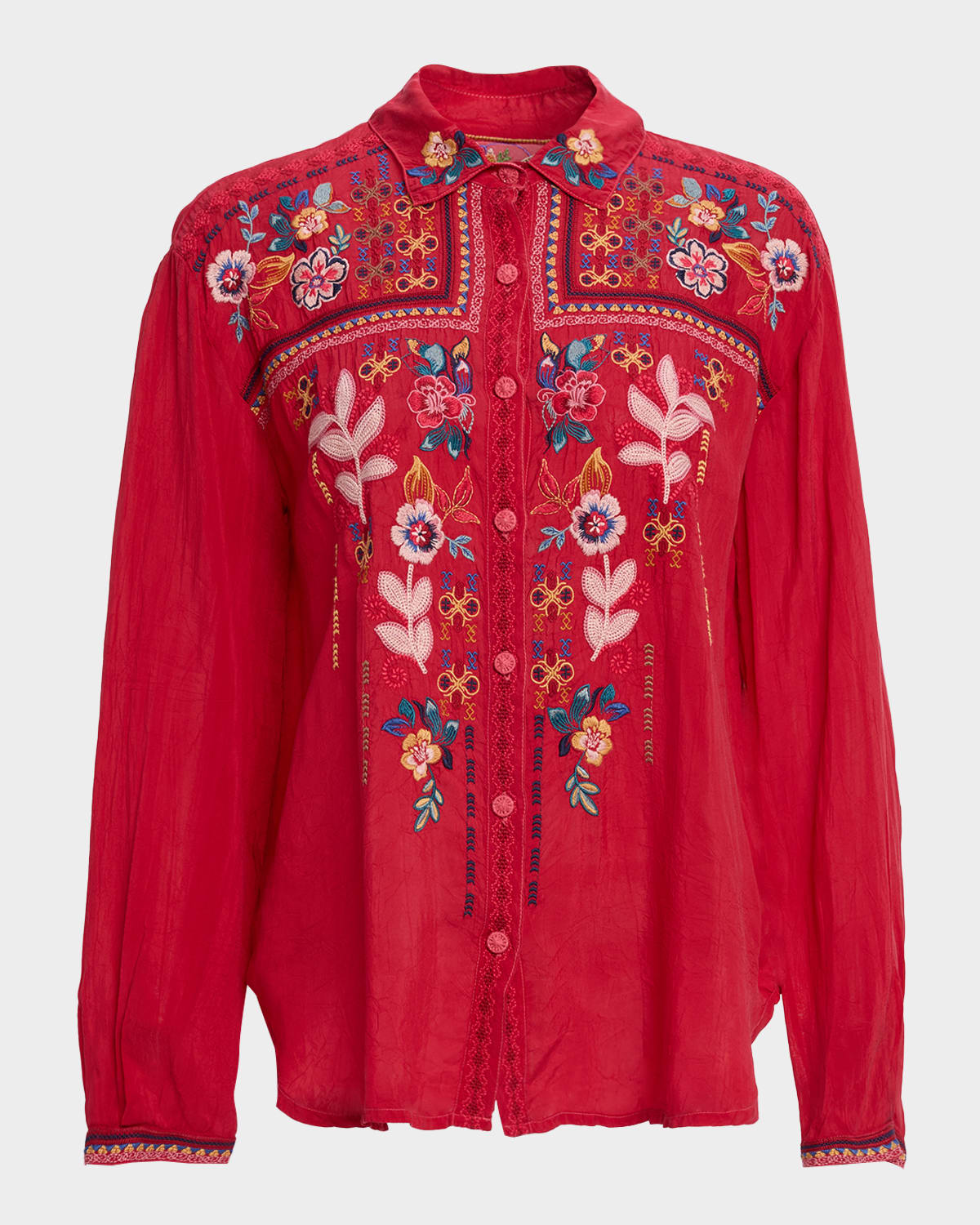Johnny Was Luisa Embroidered Georgette Shirt In Red