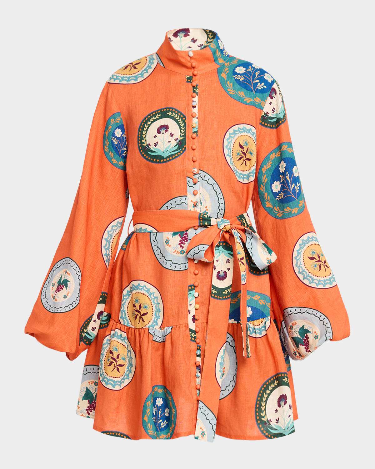 Austin Orange Plates Flounce Linen Mini Dress