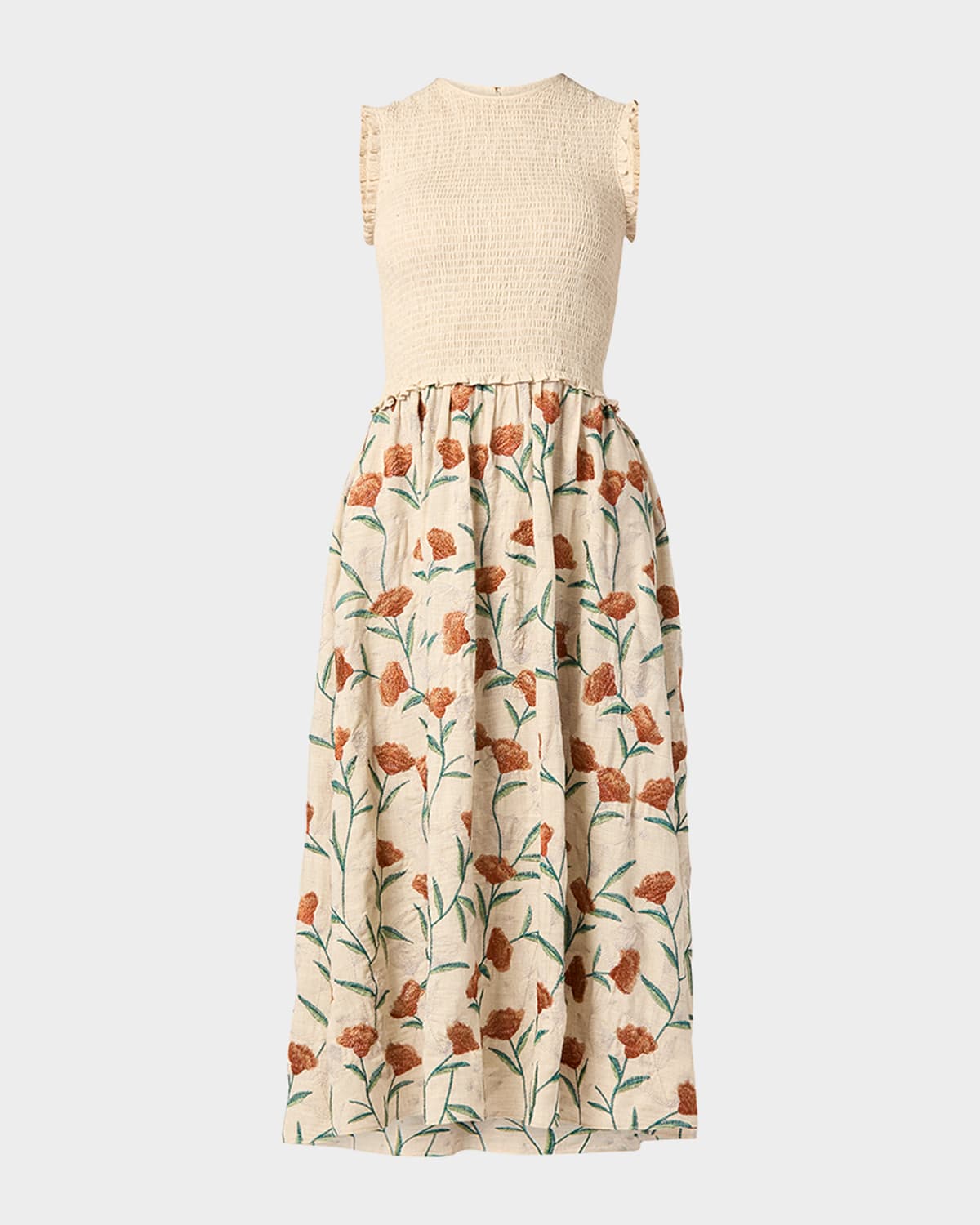 Shoshanna Roberta Smocked Floral-embroidered Midi Dress In Multi