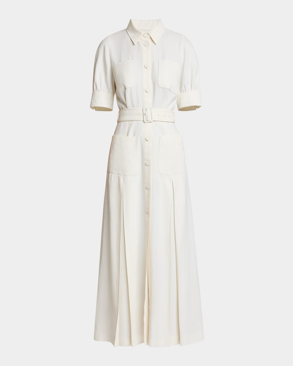 Elie Saab Pinstriped Cady Short-sleeve Belted Midi Shirtdress In White