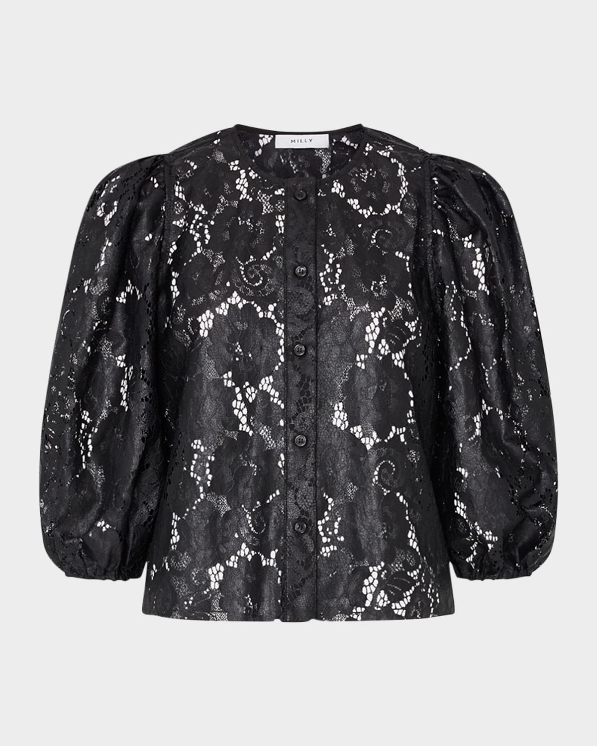 Milly Nannie Textured Lace Long Sleeve Top In Black