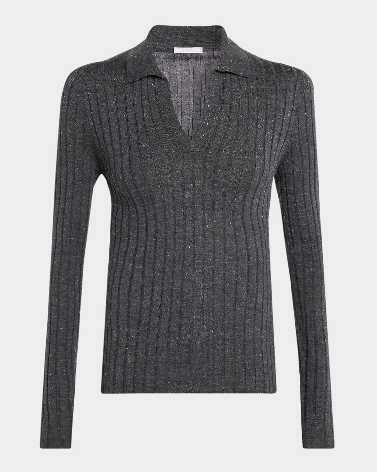 Peserico Ribbed Speckled Knit Polo Sweater In Gray