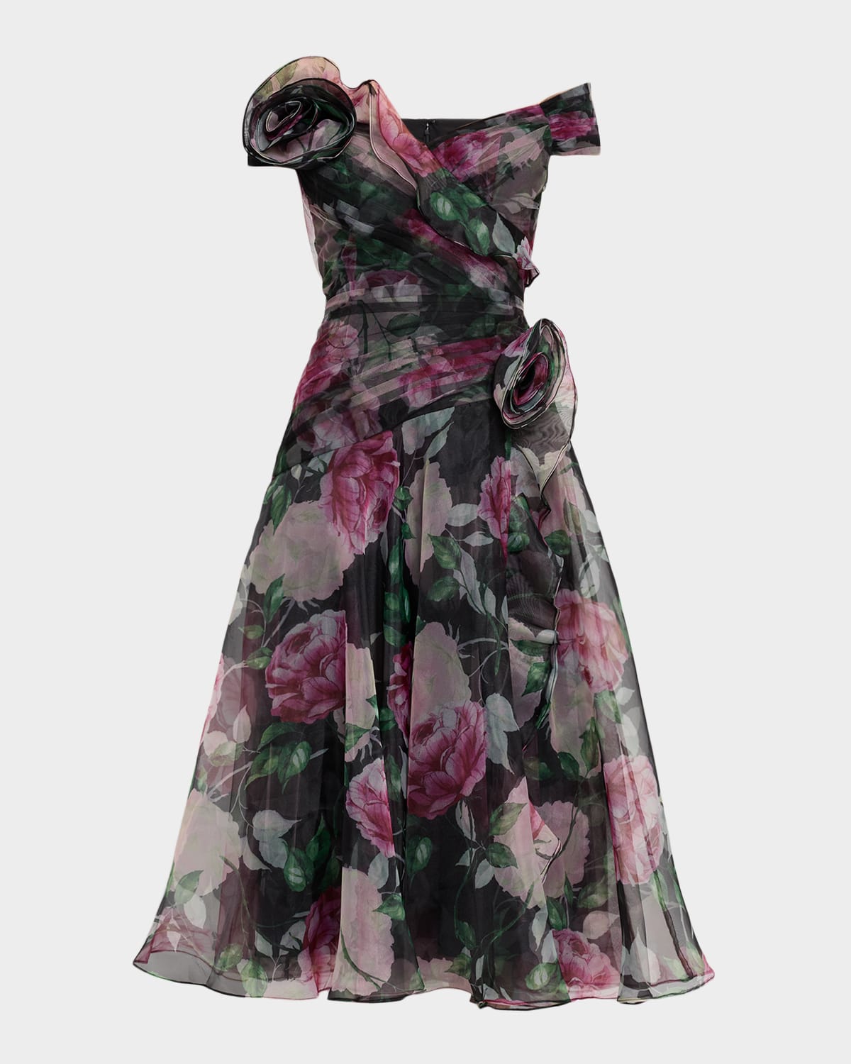Off-Shoulder Pleated Organza Midi Dress