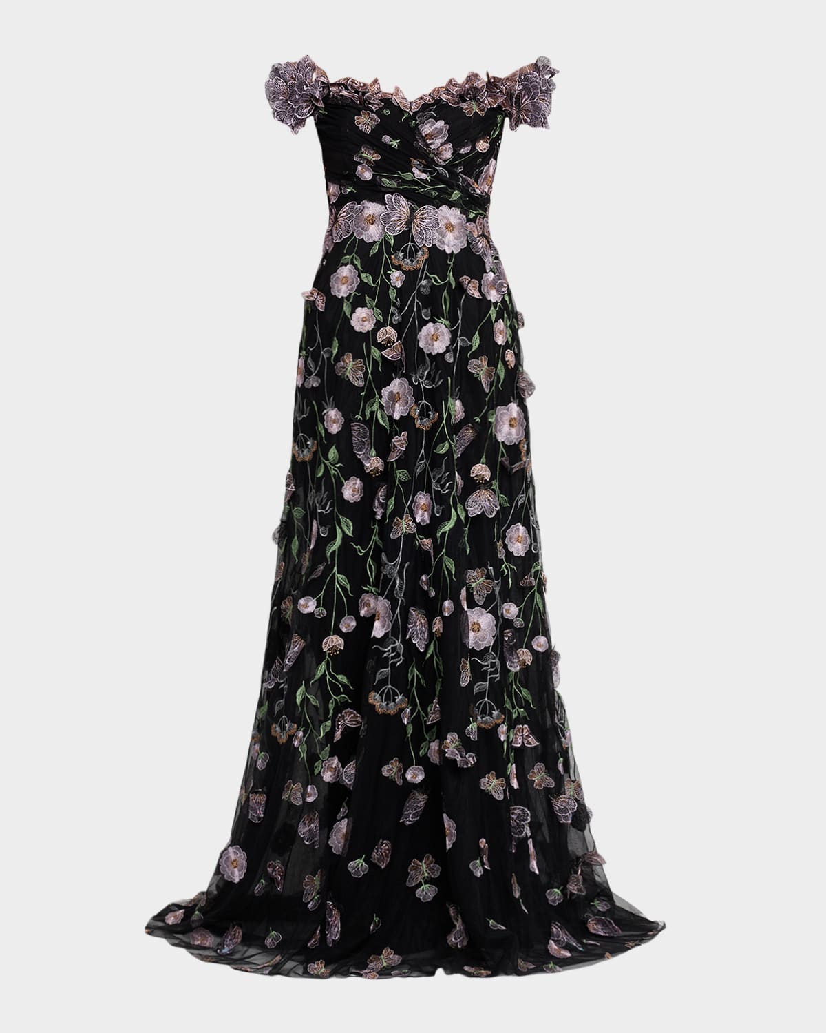 Embroidered Off-Shoulder Tulle Gown