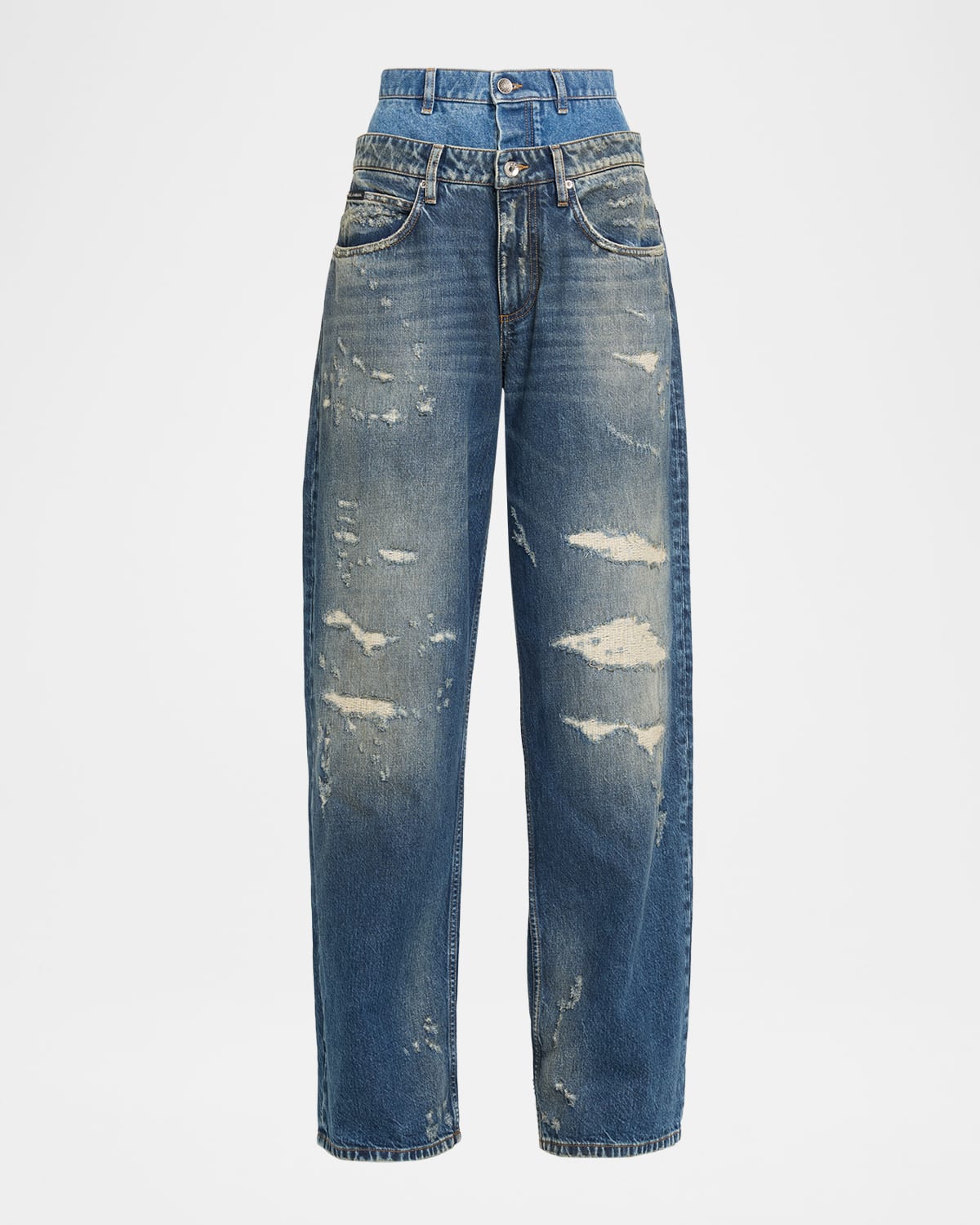 Dolce & Gabbana High-rise Double Waistband Wide-leg Distressed Jeans In Blue