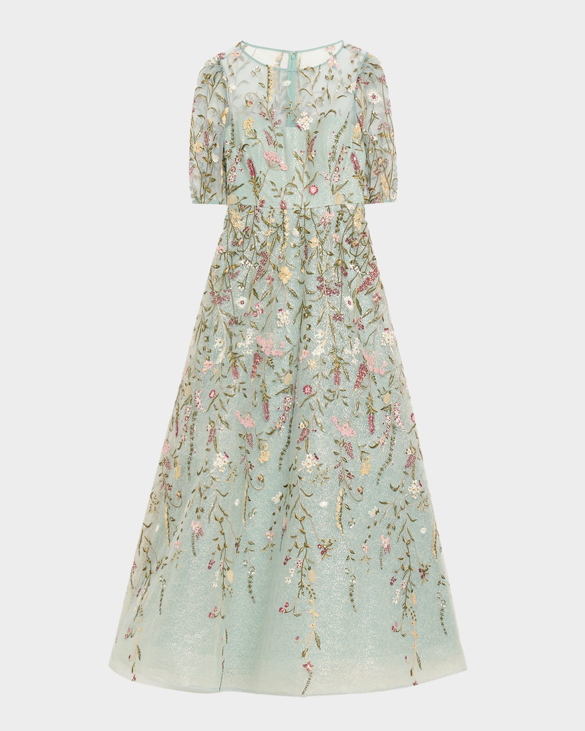 Rickie Freeman For Teri Jon Floral-embroidered Shimmer Mesh Gown In Multi