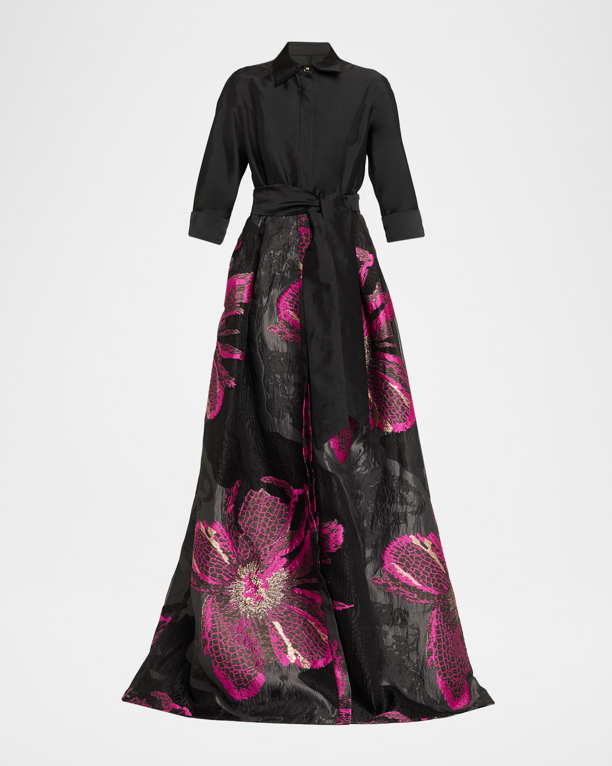 Rickie Freeman For Teri Jon Metallic Floral Jacquard Shirt Gown In Multi