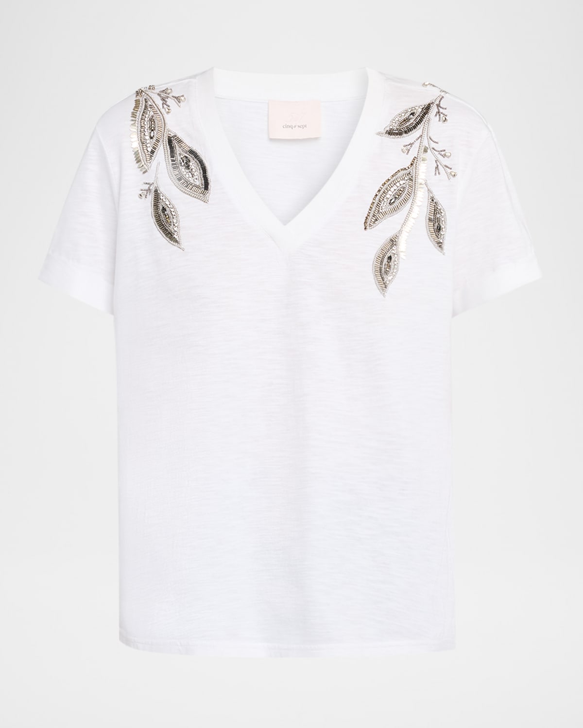 Cinq À Sept Bree V-neck Beaded Paisley Tee In White