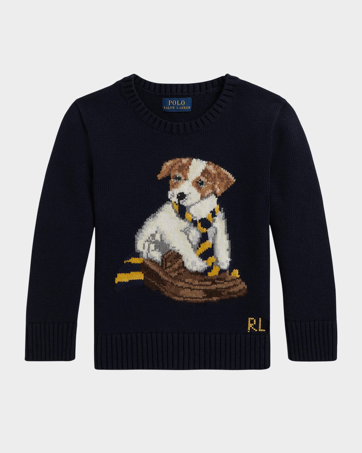 Ralph Lauren Boy's Dog Intarsia Knit Cotton Crewneck Sweater In Animal Print