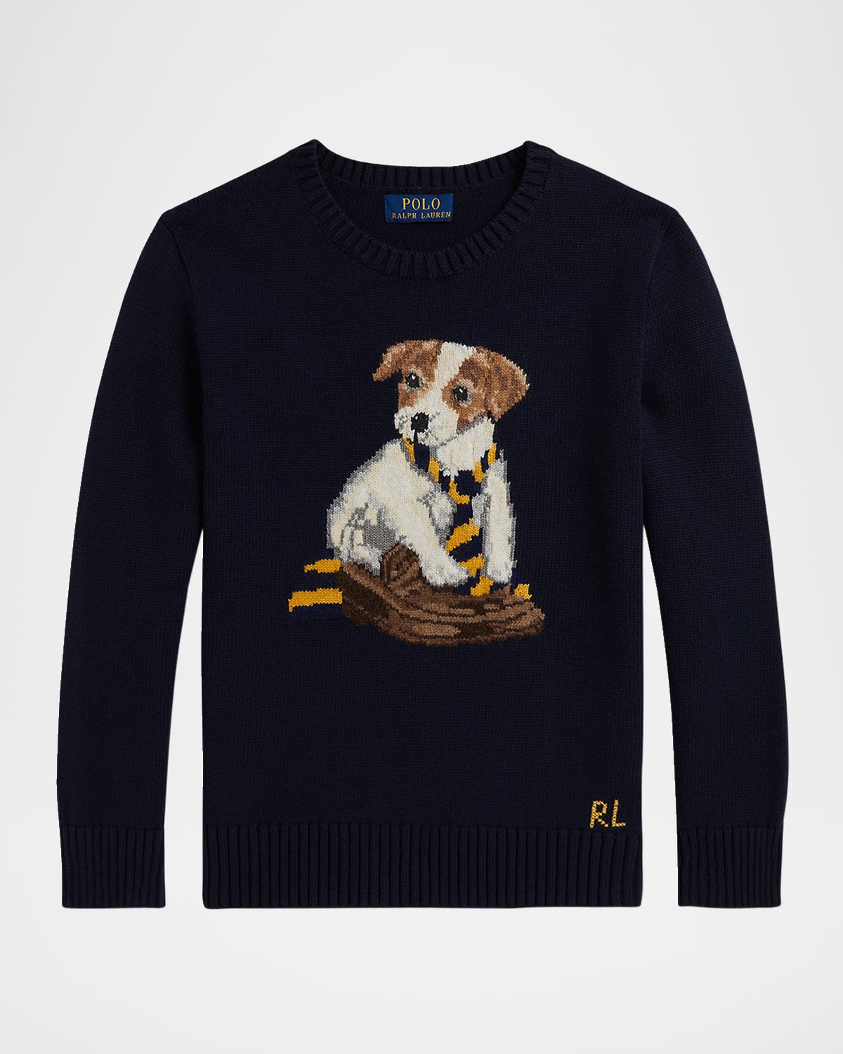 Ralph Lauren Boy's Dog Intarsia Knit Cotton Crewneck Sweater In Blue