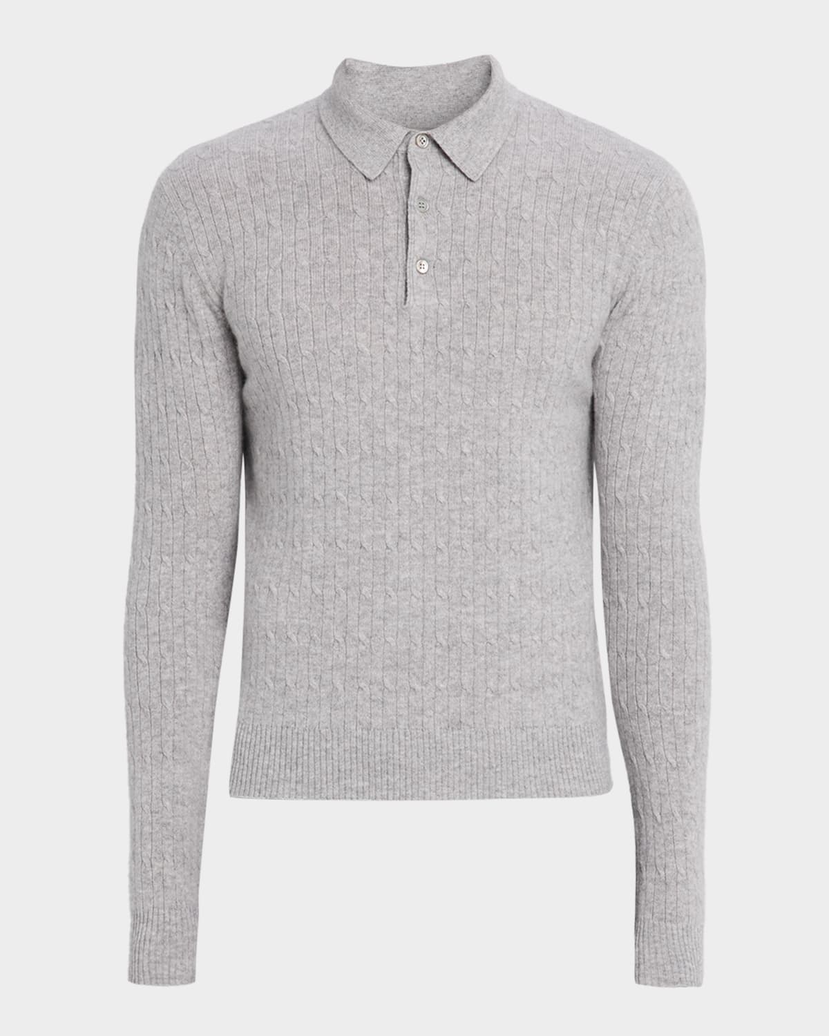 Neiman Marcus Men's Classic Micro Cable-knit Long-sleeve Polo In Gray