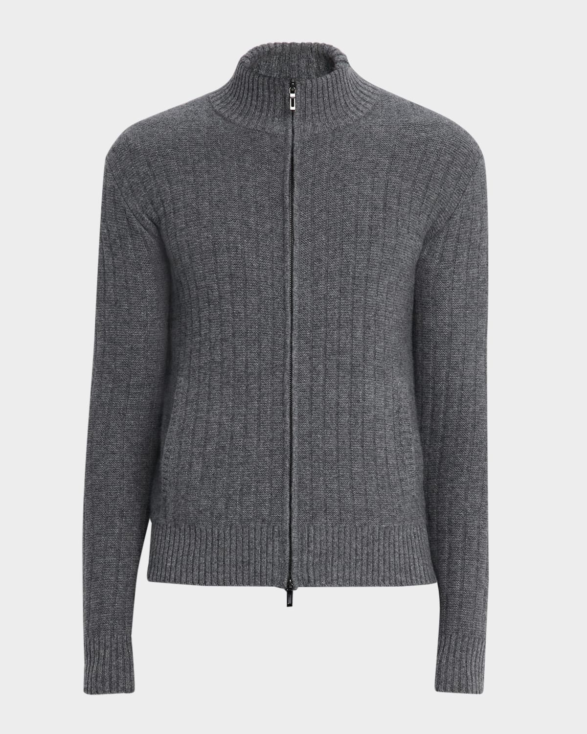 Neiman Marcus Men's Ribbed Full-zip Cashmere Sweater In Gray