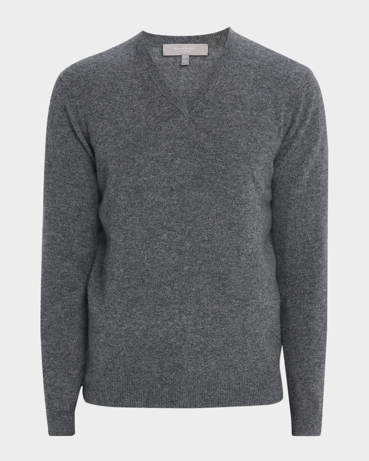 Neiman Marcus Men's Cashmere V-neck Sweater In Gray