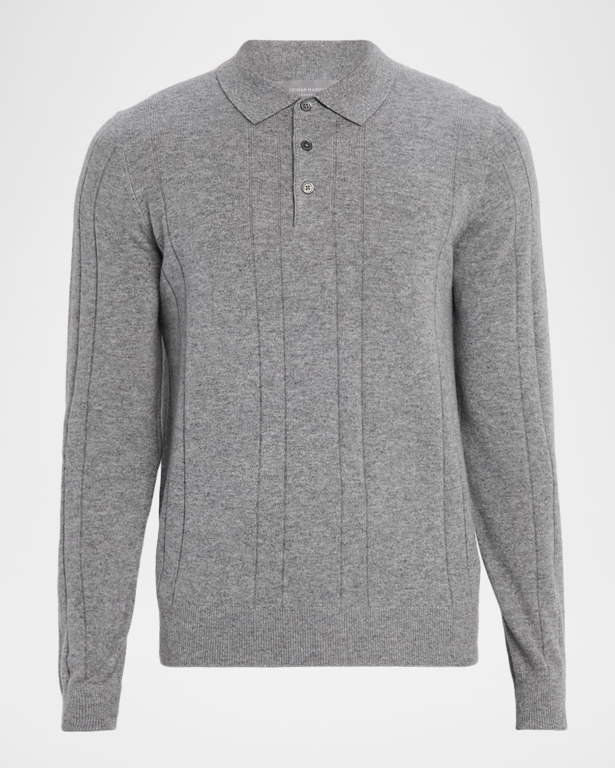 Neiman Marcus Men's Cashmere Mix-ribbed Polo Sweater In Gray