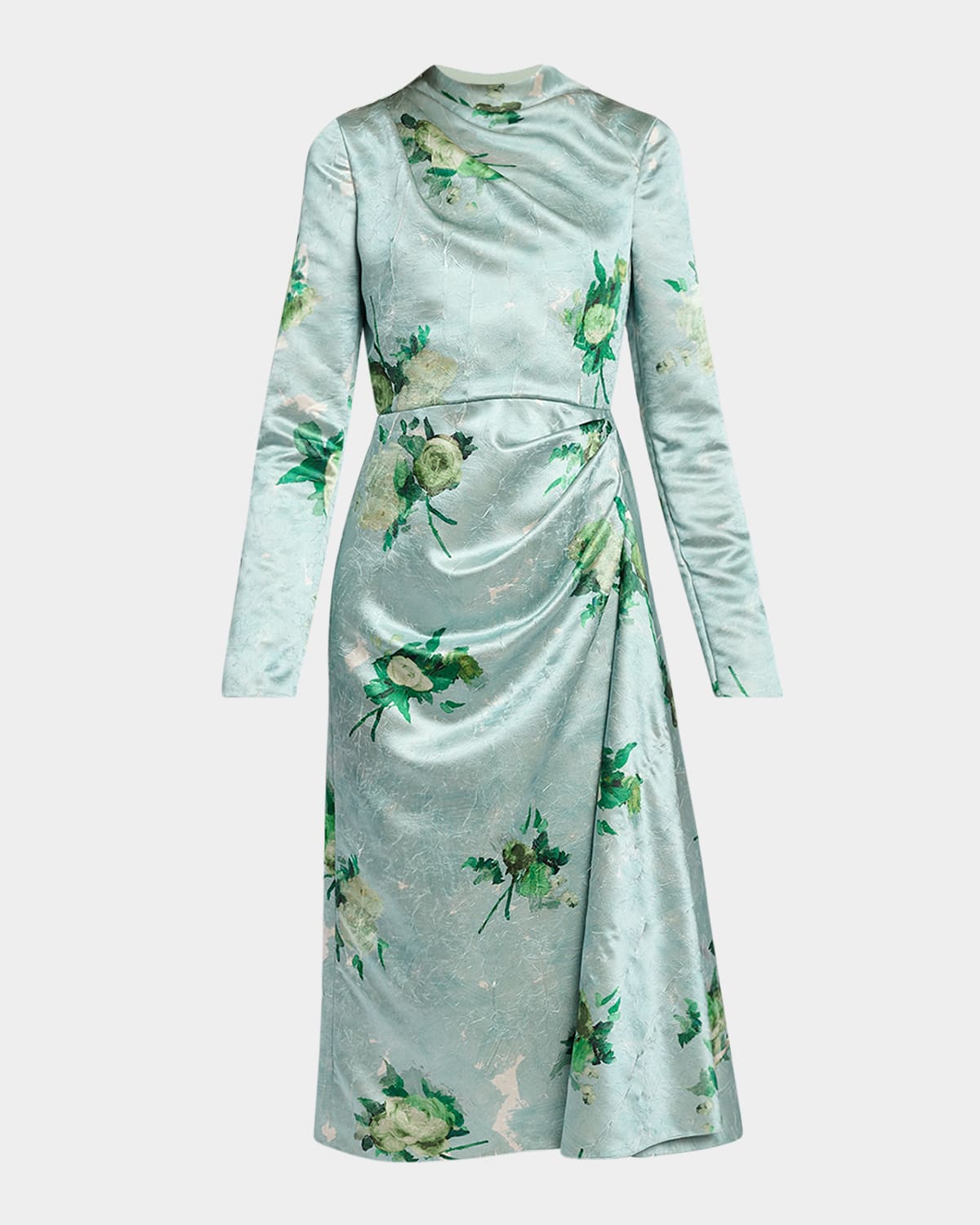 Erdem Abstract Rose Print Draped Long Sleeve Satin Midi Dress In Green