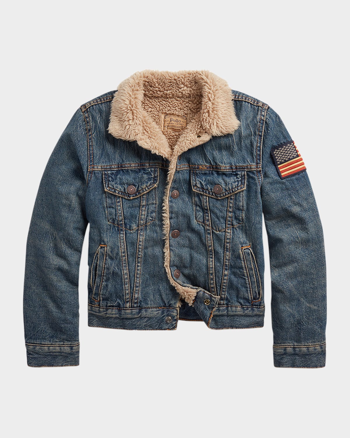 Ralph Lauren Boy's Denim Sherpa Outerwear Trucker Jacket In Blue