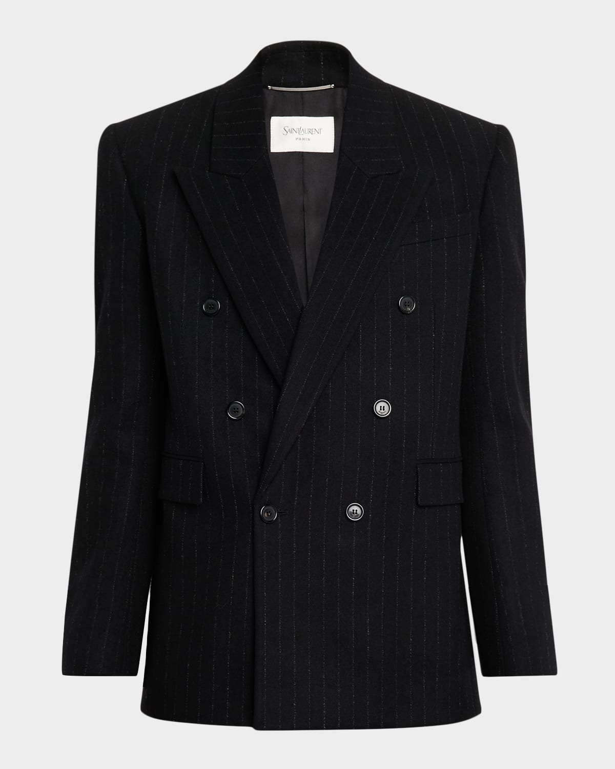 Saint Laurent Men's Pinstripe Double-breasted Peak Lapel Sport Coat In Black