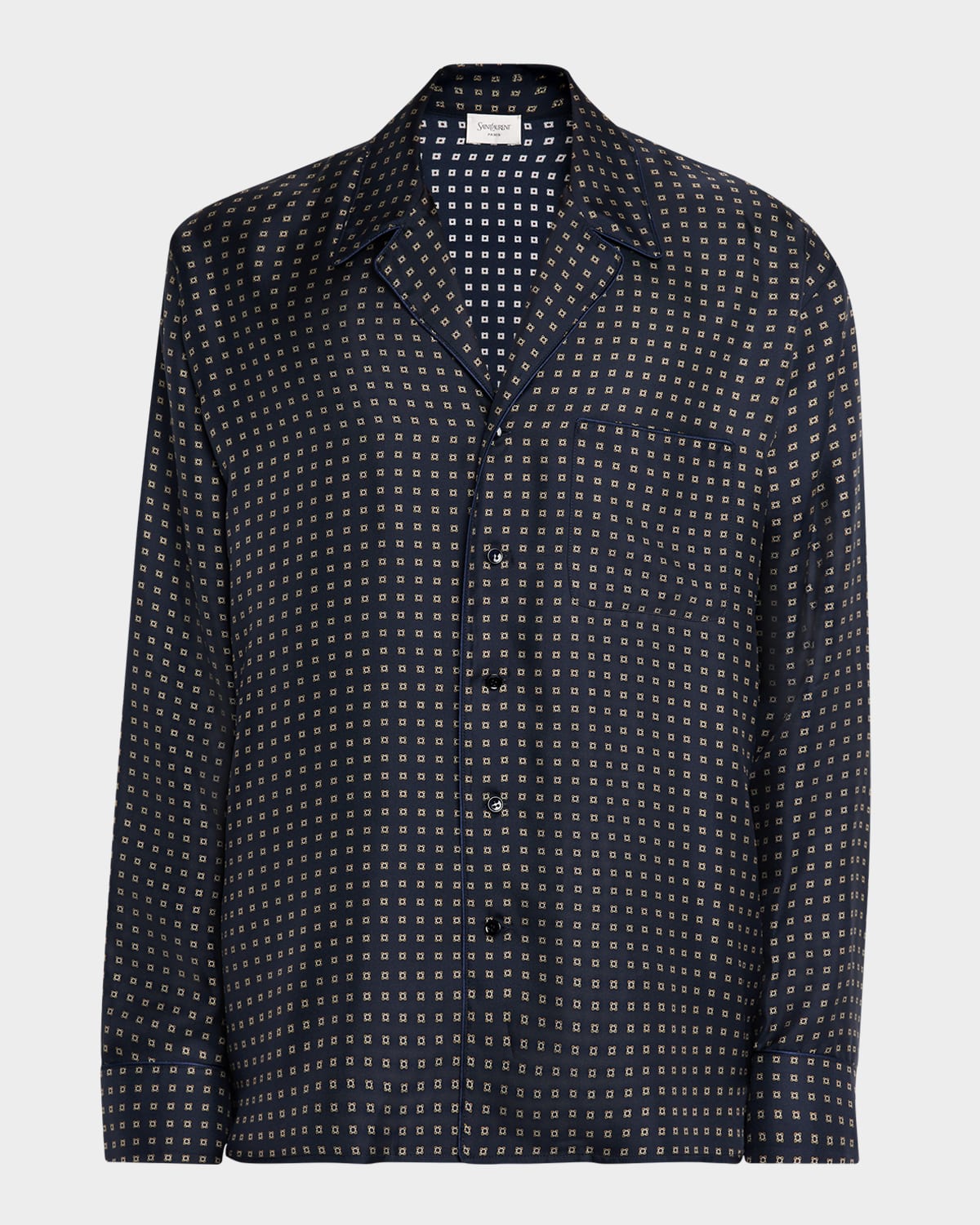 Saint Laurent Men's Silk Micro-medallion Long-sleeve Pajama Shirt In Blue