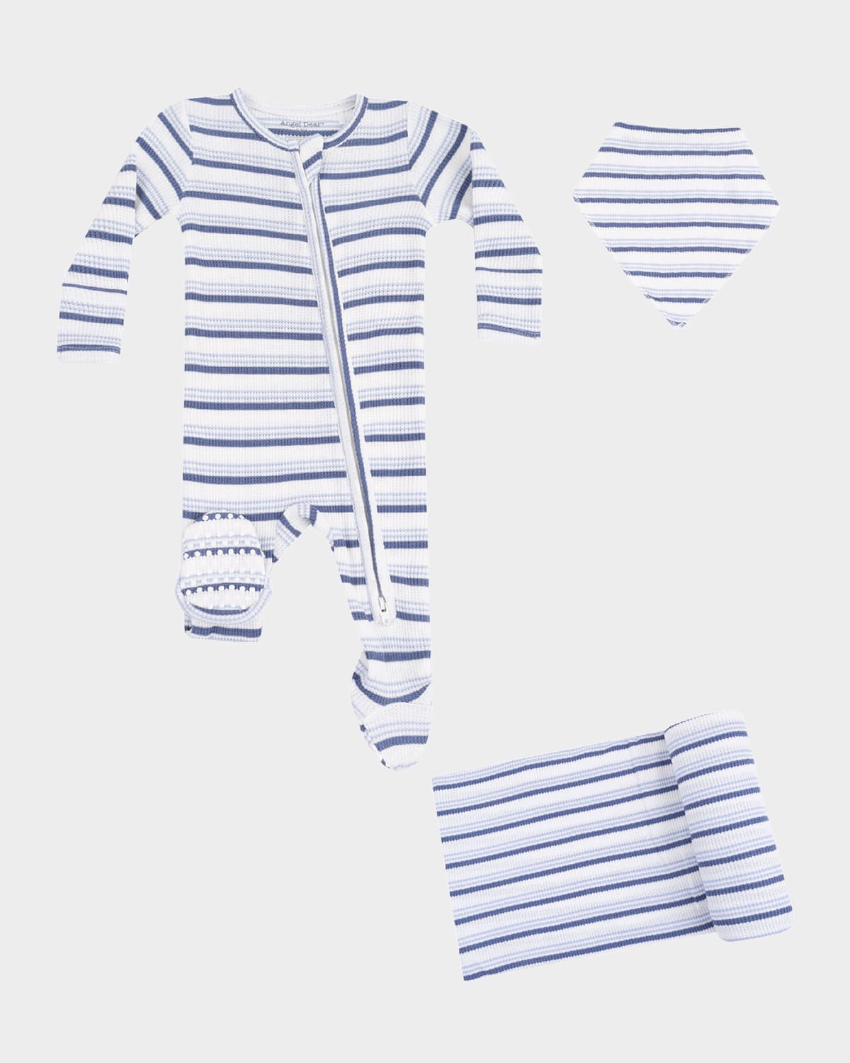 Angel Dear Boy's Striped Footie Romper, Swaddle Blanket, & Bandana Bib Set In Blue