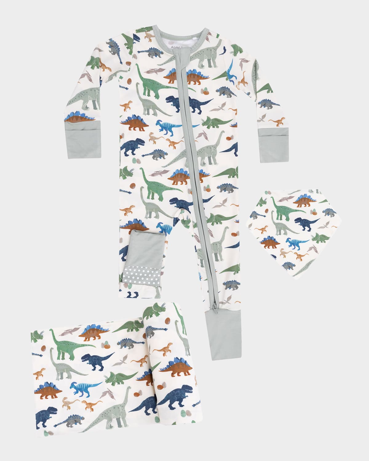 Angel Dear Girl's 3-piece Washy Dinos 2-way Zip Romper Set In White