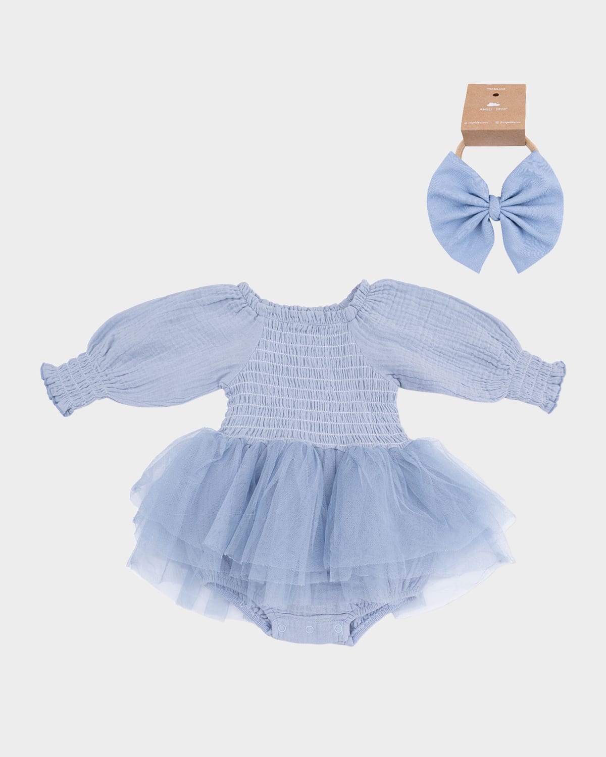 Angel Dear Girl's Cotton Chambray Smocked Tutu Bubble Romper & Headband Set In Blue