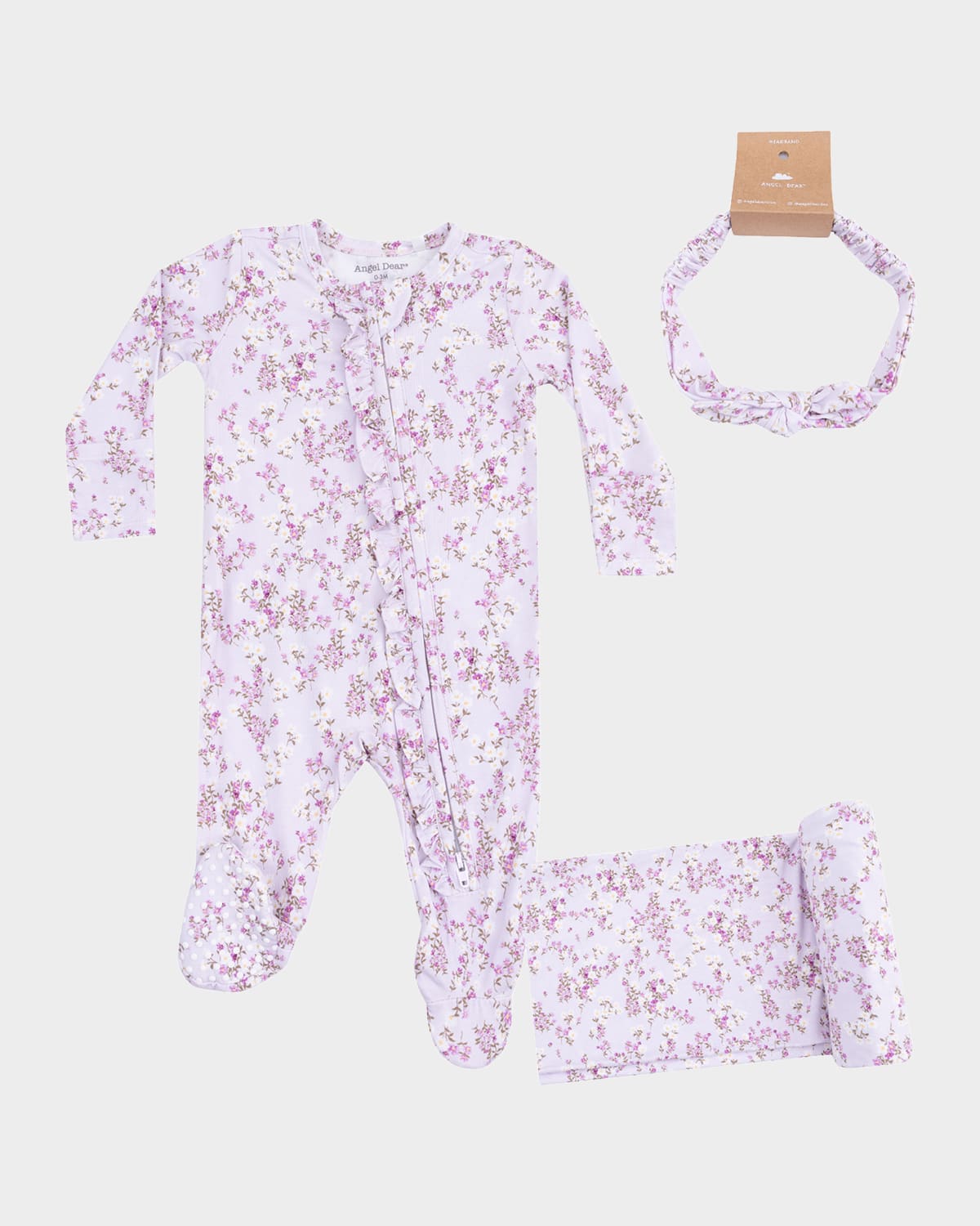 Angel Dear Girl's Sweet Dream Floral 2-way Zip Footie, Headband & Blanket Set In White