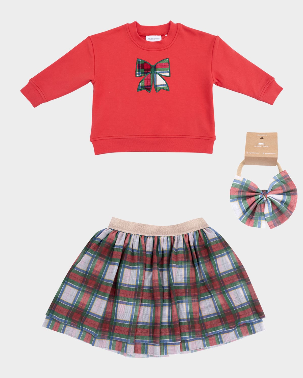 Angel Dear Girl's 3-piece Holiday Plaid Sweatshirt & Skirt Set In Red