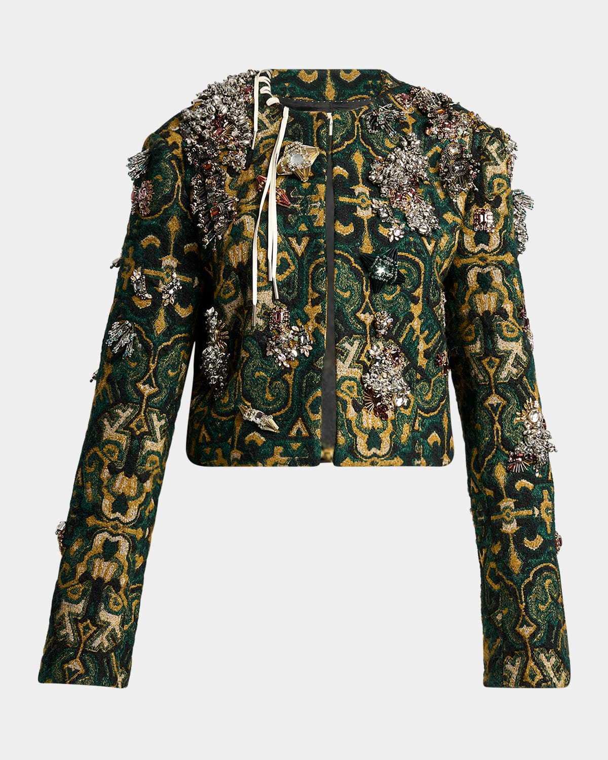 Dries Van Noten Baftanos Embellished Jacquard Top Coat In Green