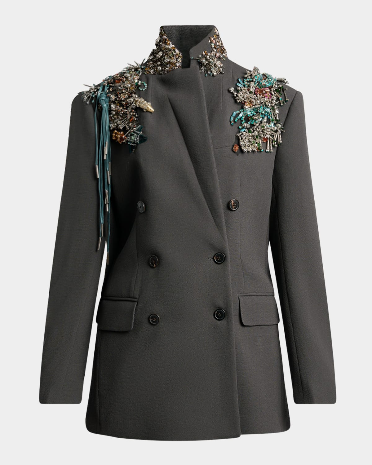 Dries Van Noten Embellished Double-breasted Blazer In Gray