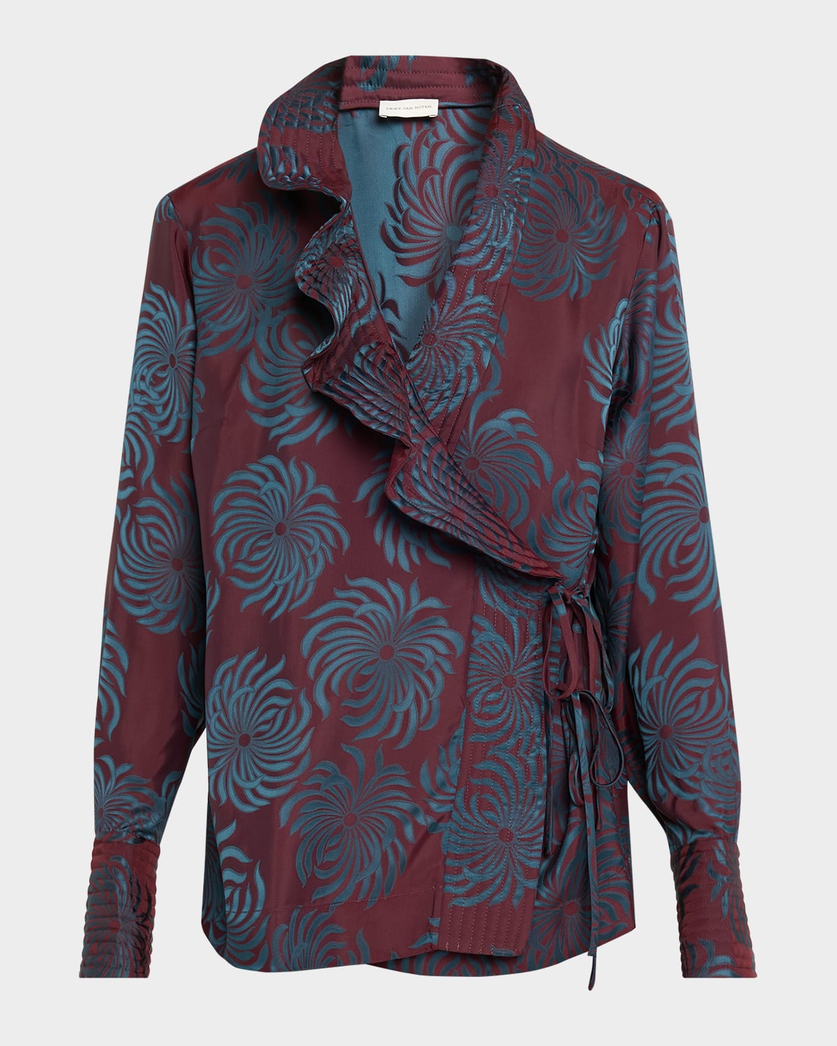 Dries Van Noten Calberton Printed Ruffle Wrap Blouse In Burgundy