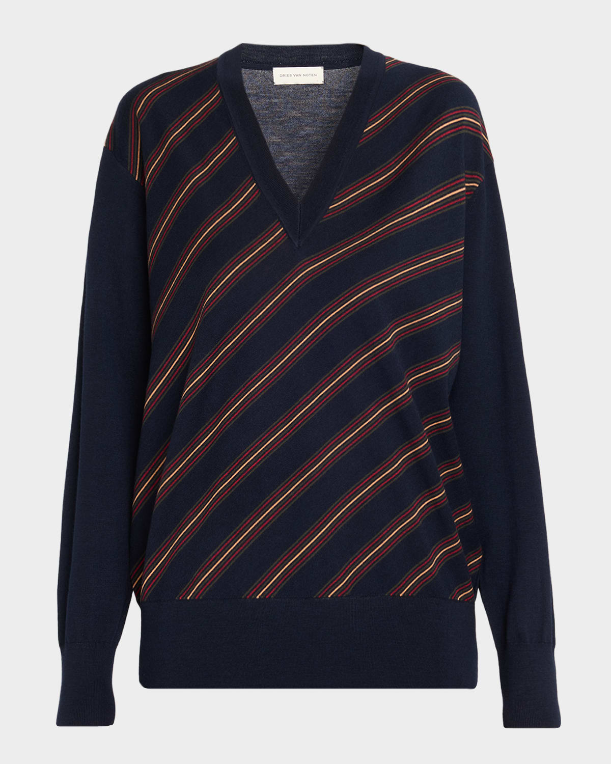 Dries Van Noten Tishana Striped V-neck Wool Sweater In Blue