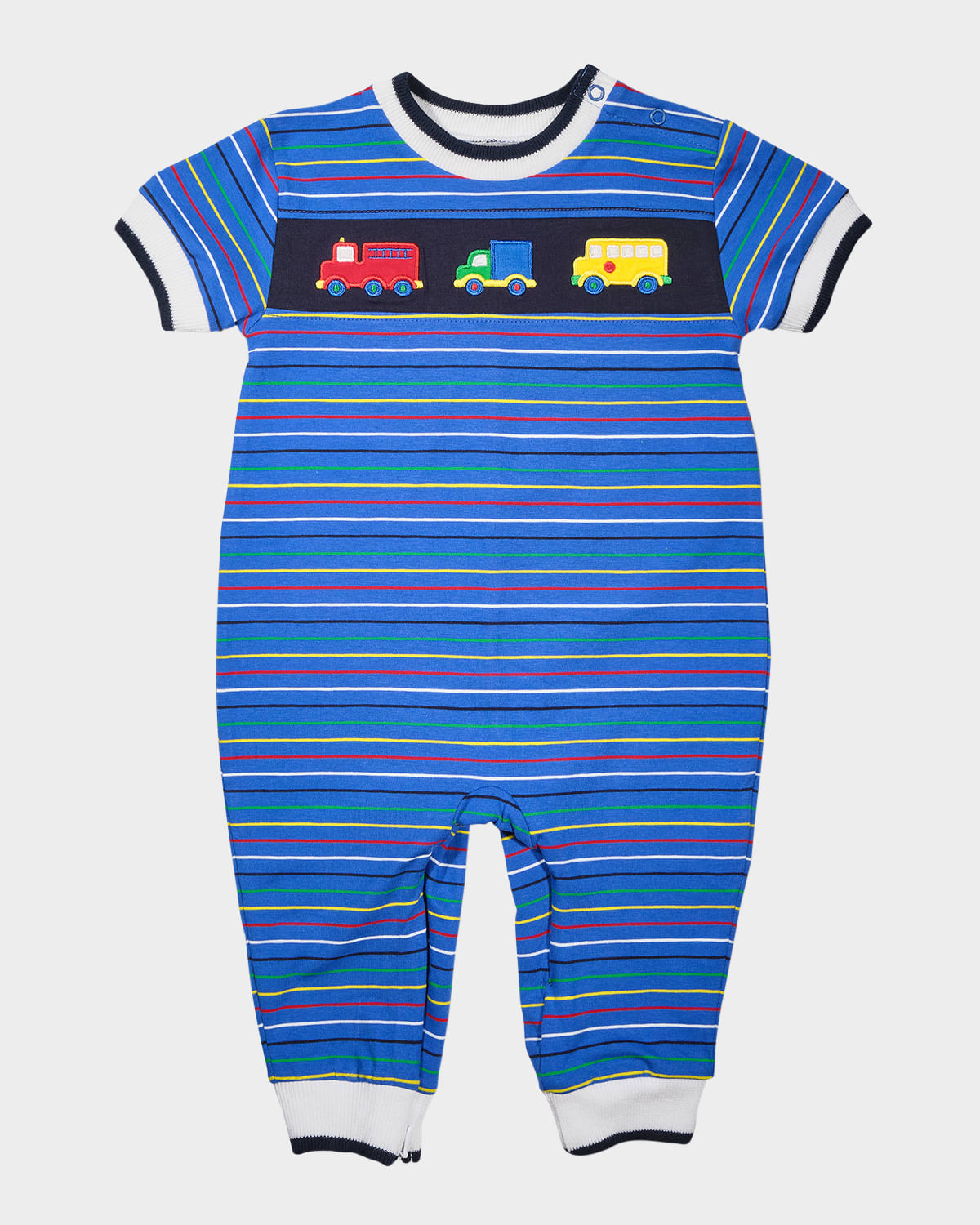 Florence Eiseman Boy's Vehicle Applique Stripe Knit Longall In Blue